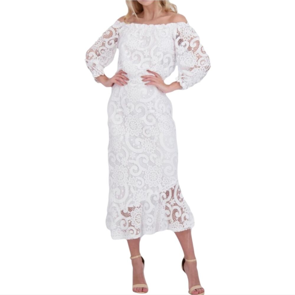 Nanette Lepore Off Shoulder Leave Overlay‎ White Wedding Beach Dress Size 14 New